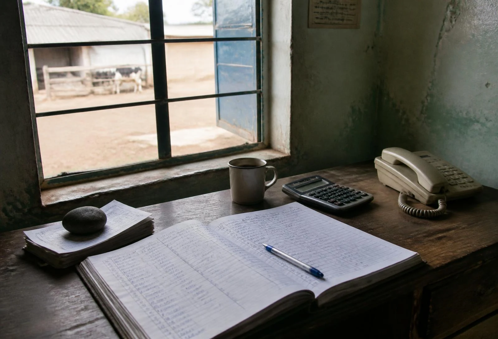 A plain farm office desk with an open handwritten field register and a clipboard beside a window looking onto planted blocks and a service track.