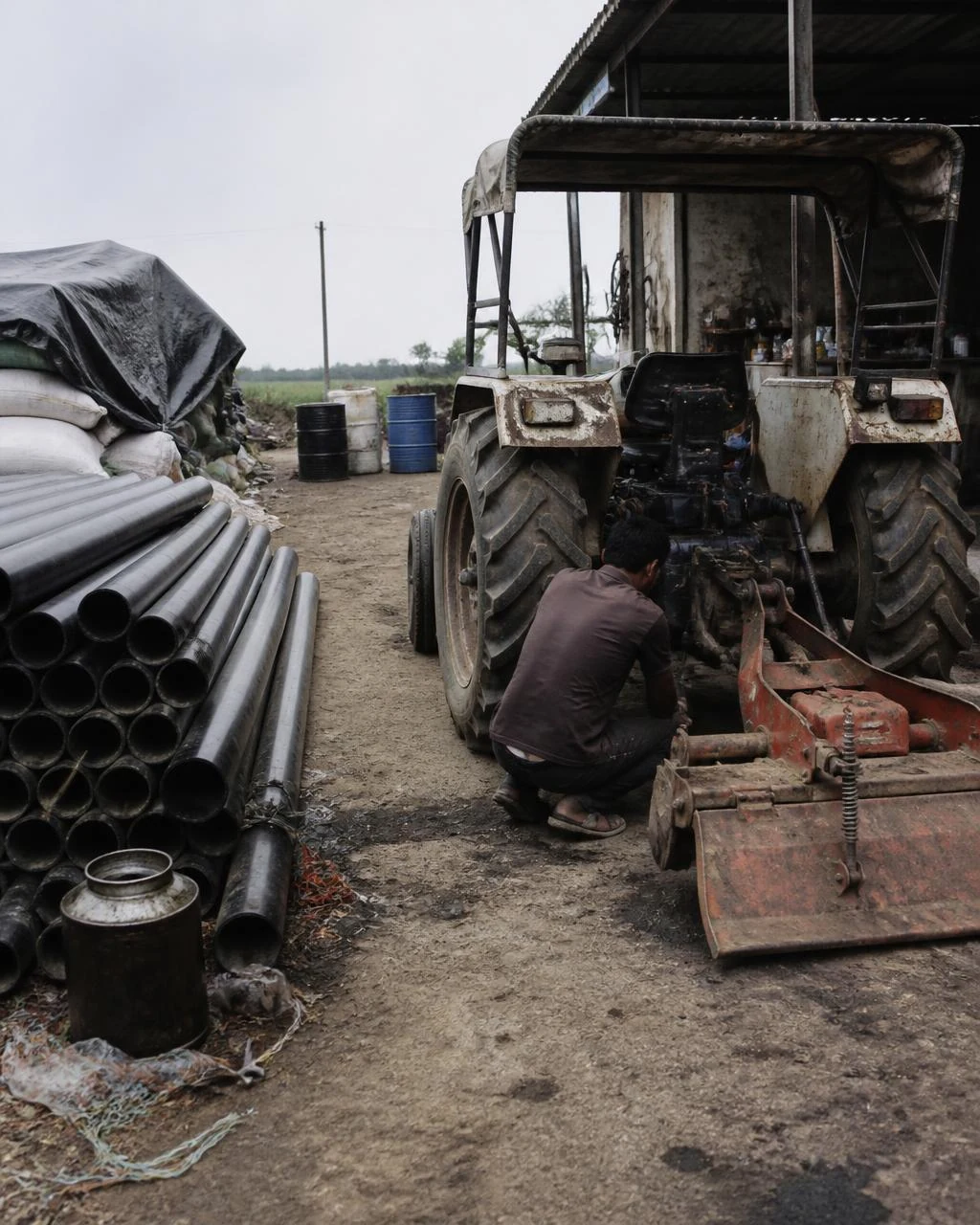 Farm service yard with tractors, implements, stacked irrigation pipe and a pump house ready for the day.